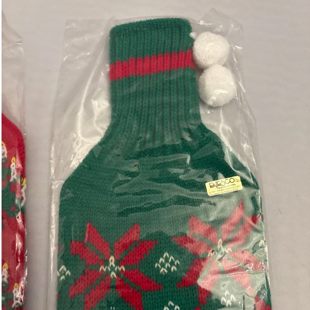 2‎ Vintage Enesco Christmas Bottle Sweaters Covers Poinsettia Wine Bottle Tree
